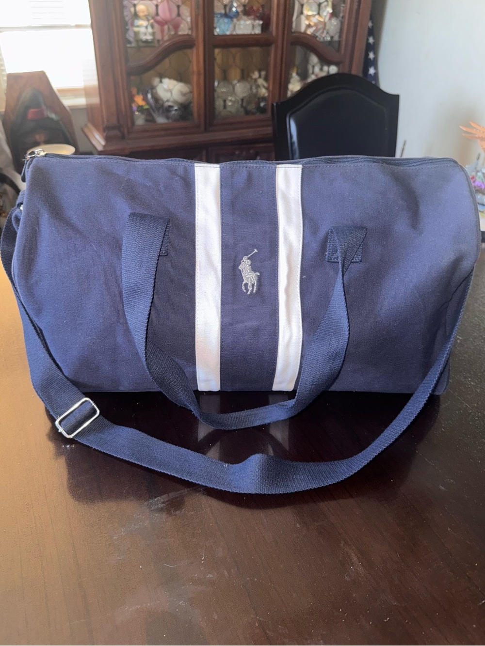 Ralph Lauren Navy Duffel with White Center Stripe and Polo Logo